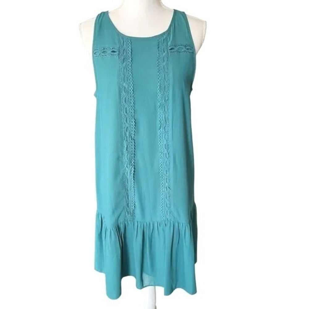 Loft Teal Green Lace Trim Flounce Shift Dress Sleeveless Women's Medium Boho NWT